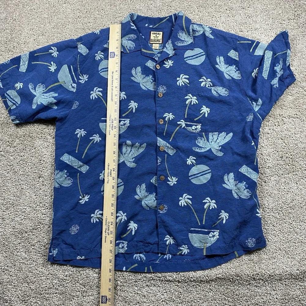 Tommy Bahama Mens Large Blue 100% Silk Tropical Palm Tree‎ Cocktail Camp Shirt